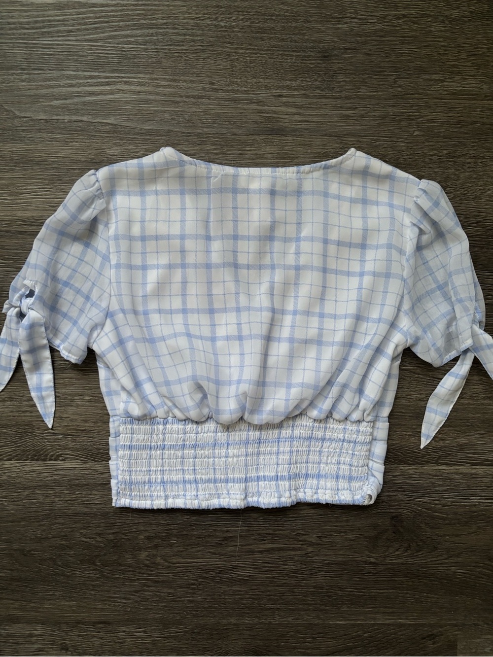 Light Blue Plaid Button-Front Crop Blouse with Tie Sleeves - Picture 2 of 3